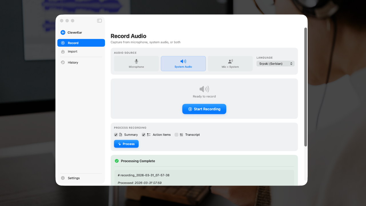 CleverEar recording screen — capture microphone and system audio
